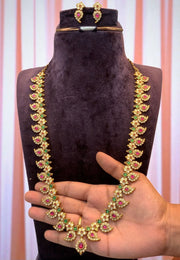 Traditional long jadav kundan stone necklace with pink stone